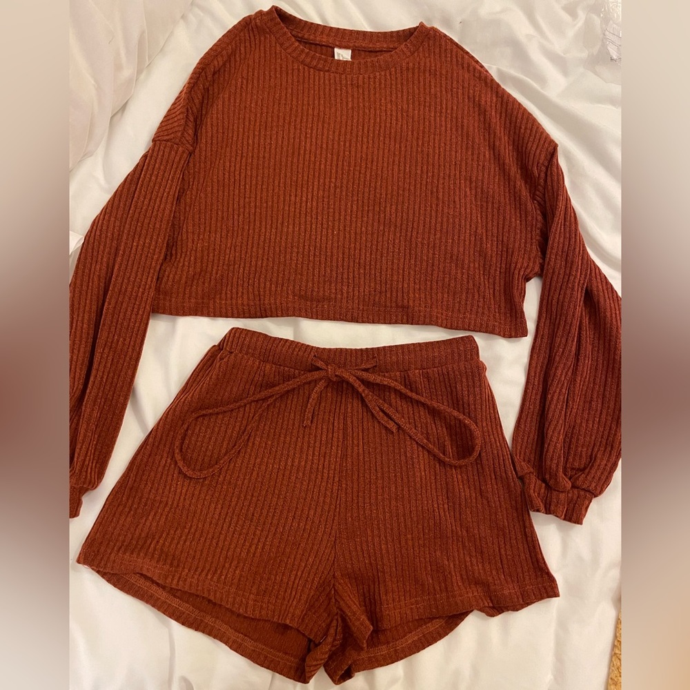 Brown Rib Knit Long Sleeve Lounge 2 Piece Pajama Set (SMALL) | Verdusa 🤎 NWOT